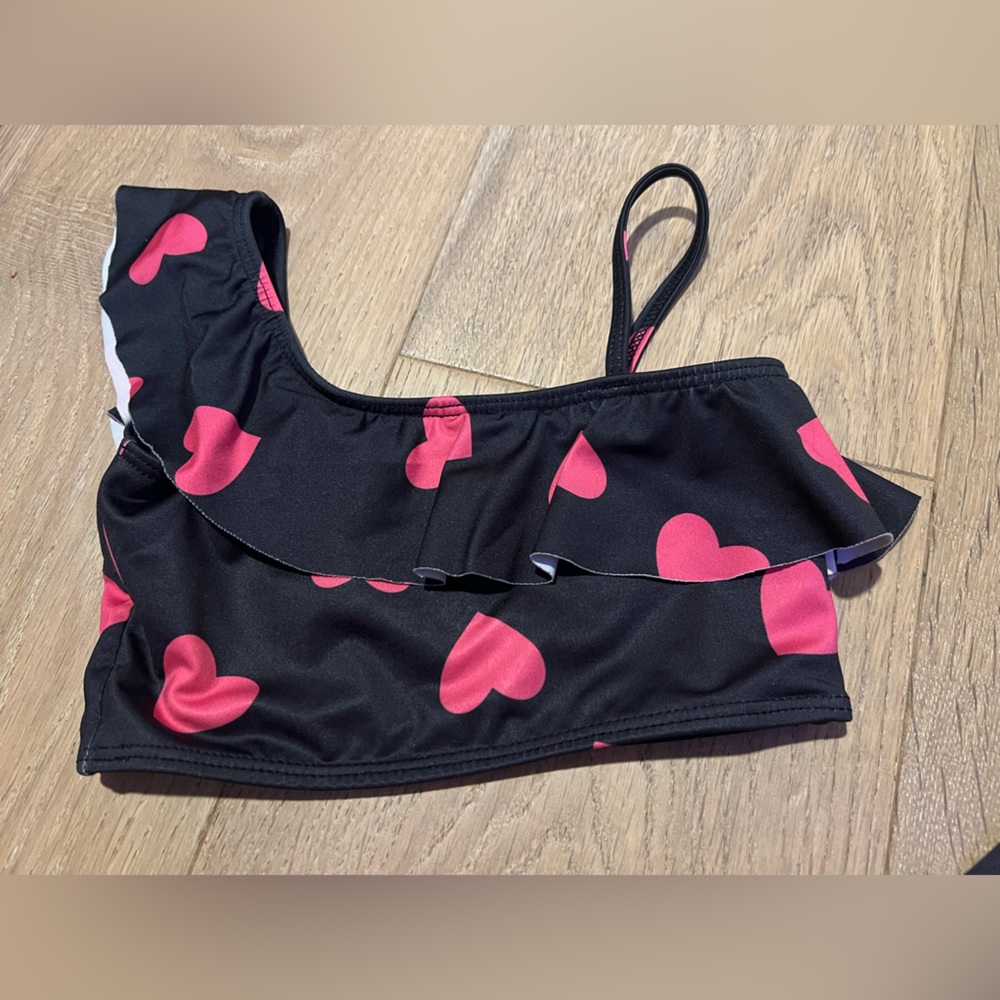 Beach Riot Black Two-Piece Girls Swimsuit with Pink Hearts - Picture 2 of 4